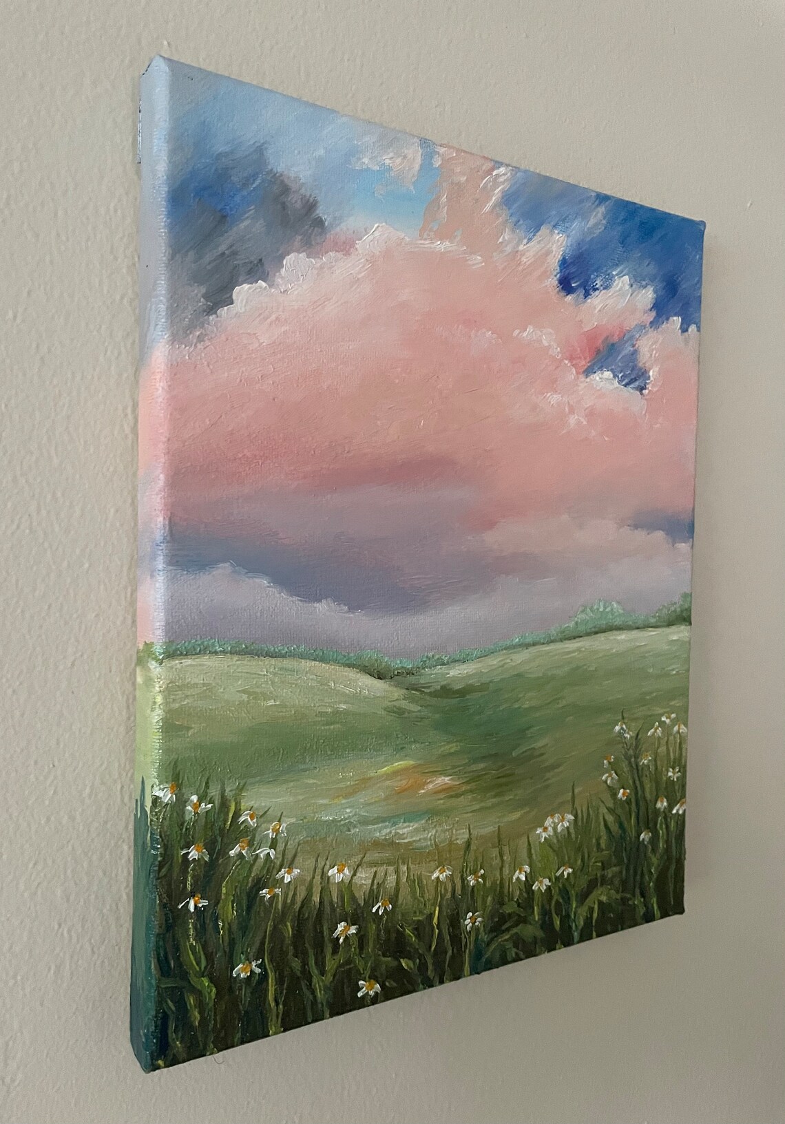 Daisy Meadow Pink Sky Rolling Hills Landscape Oil Painting Wall Art - Image 2