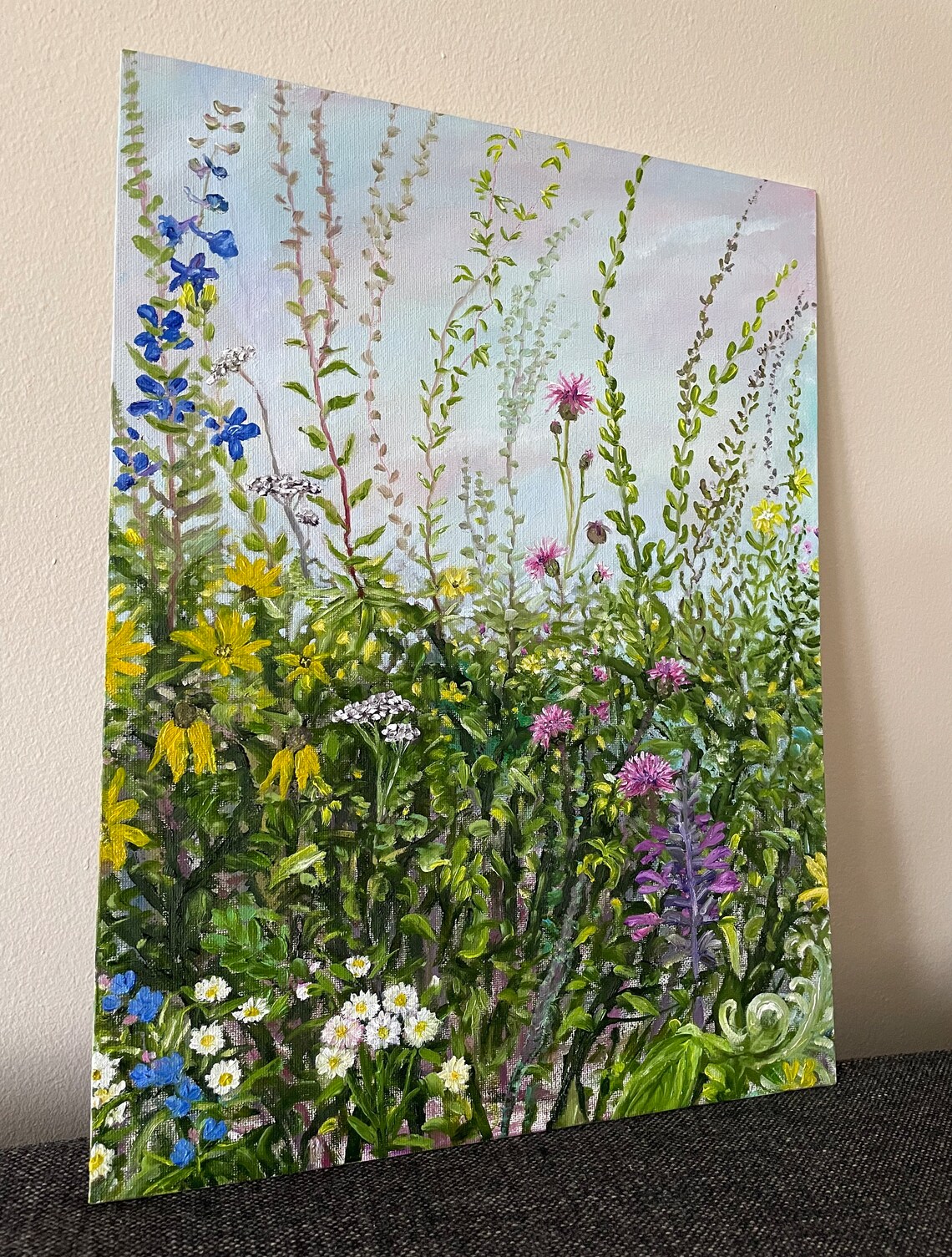 Wildflower Meadow Blue Larkspur Yellow Blooms Valley Oil Painting Art - Image 3