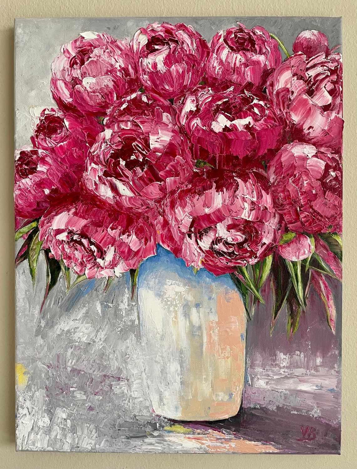 Magenta Pink Peonies Palette Knife Impasto Floral Bouquet Poster - Image 3