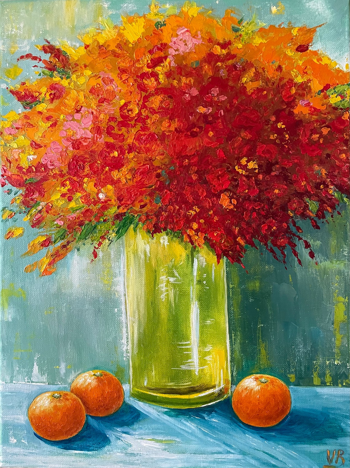 Red Orange Bold Bouquet Impasto Floral Oil Painting Kitchen Wall Art - Image 4