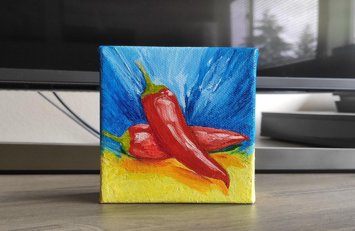 Red Chili Peppers Blue And Yellow Background Kitchen Art Poster - Image 3