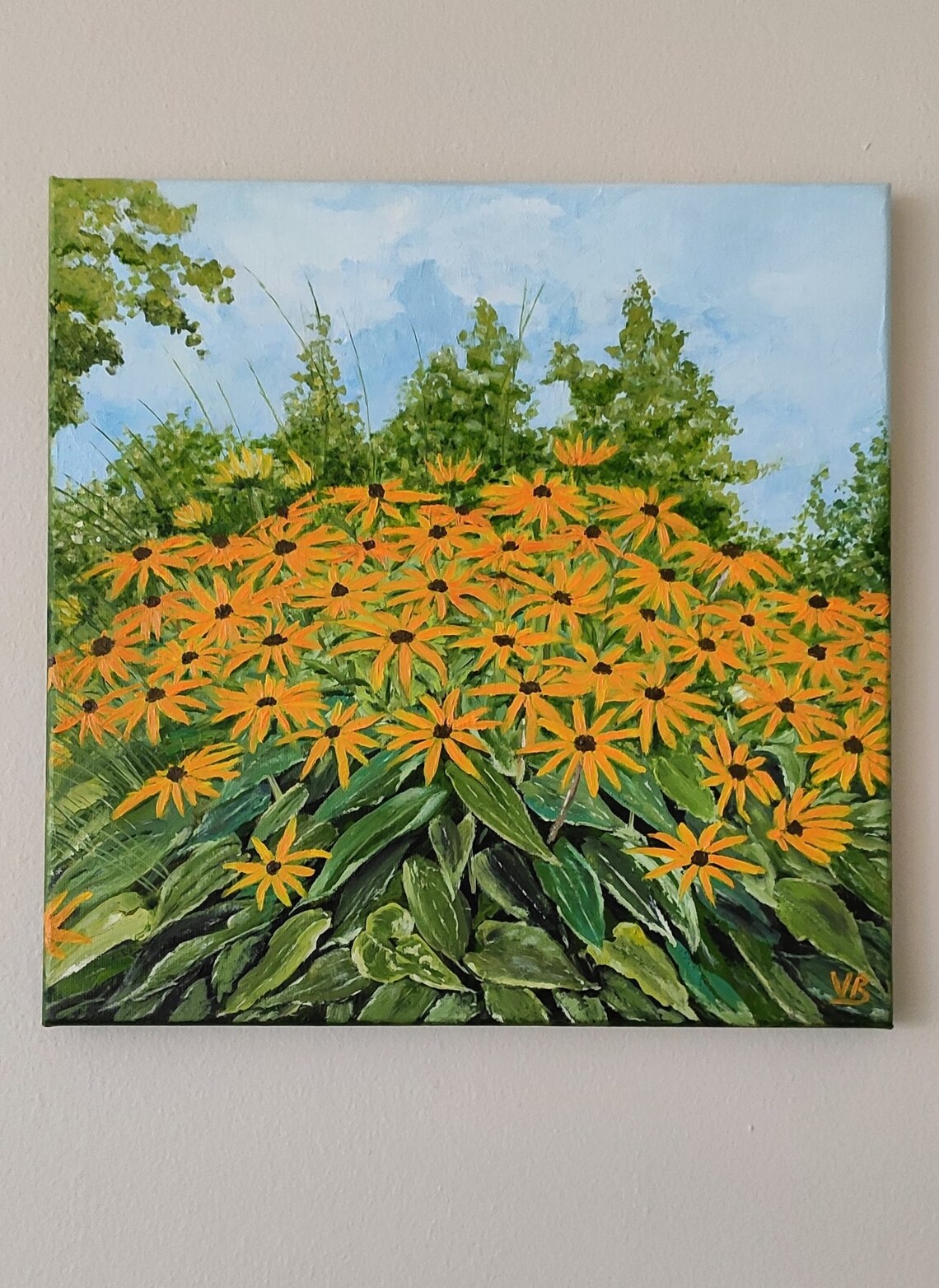 Yellow Rudbeckia Daisy Summer Blooms Blue Sky Oil Painting Wall Art - Image 3