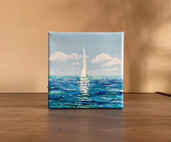 White Sailboat Blue Ocean Waves Original Oil Painting Nautical Wall Art