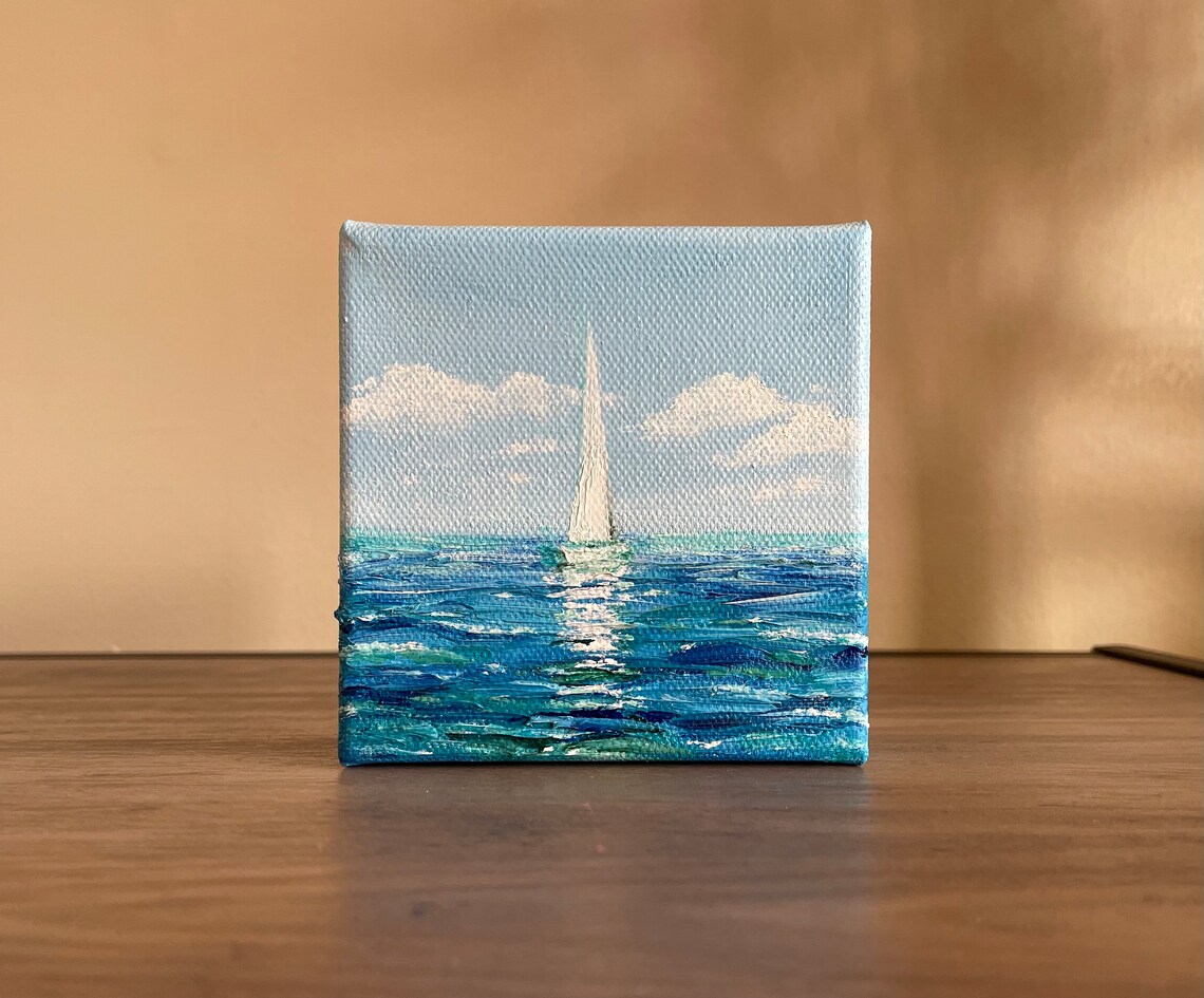 White Sailboat Blue Ocean Waves Original Oil Painting Nautical Wall Art