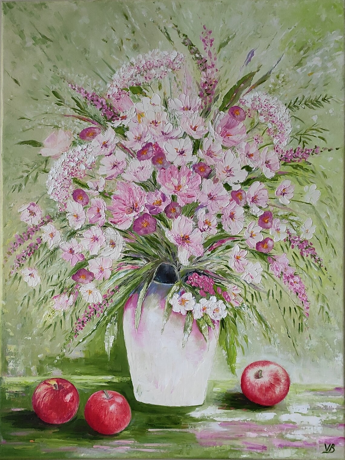 Pink Cosmos Flowers Vase Impressionist Floral Oil Painting Wall Art - Image 4