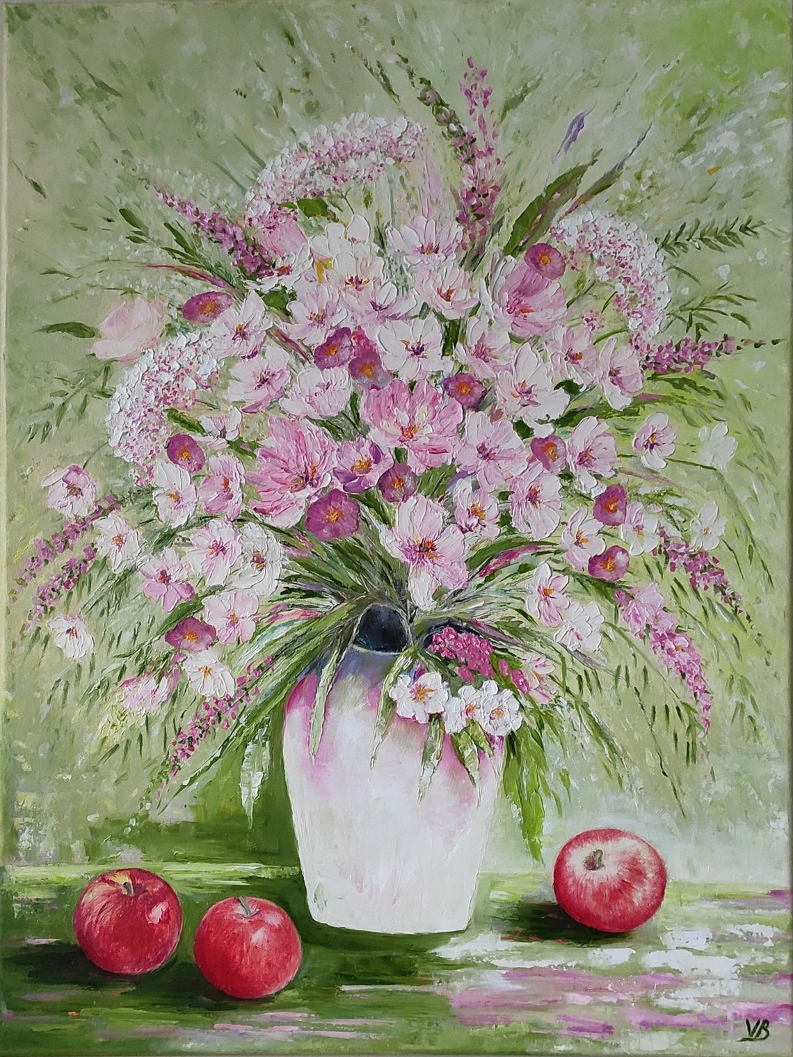 Wildflowers In A Vase Original Handmade Oil Painting On 24x18 Large Palette Knife Wildflowers Apples Painting One Of A Kind Gift - Image 4