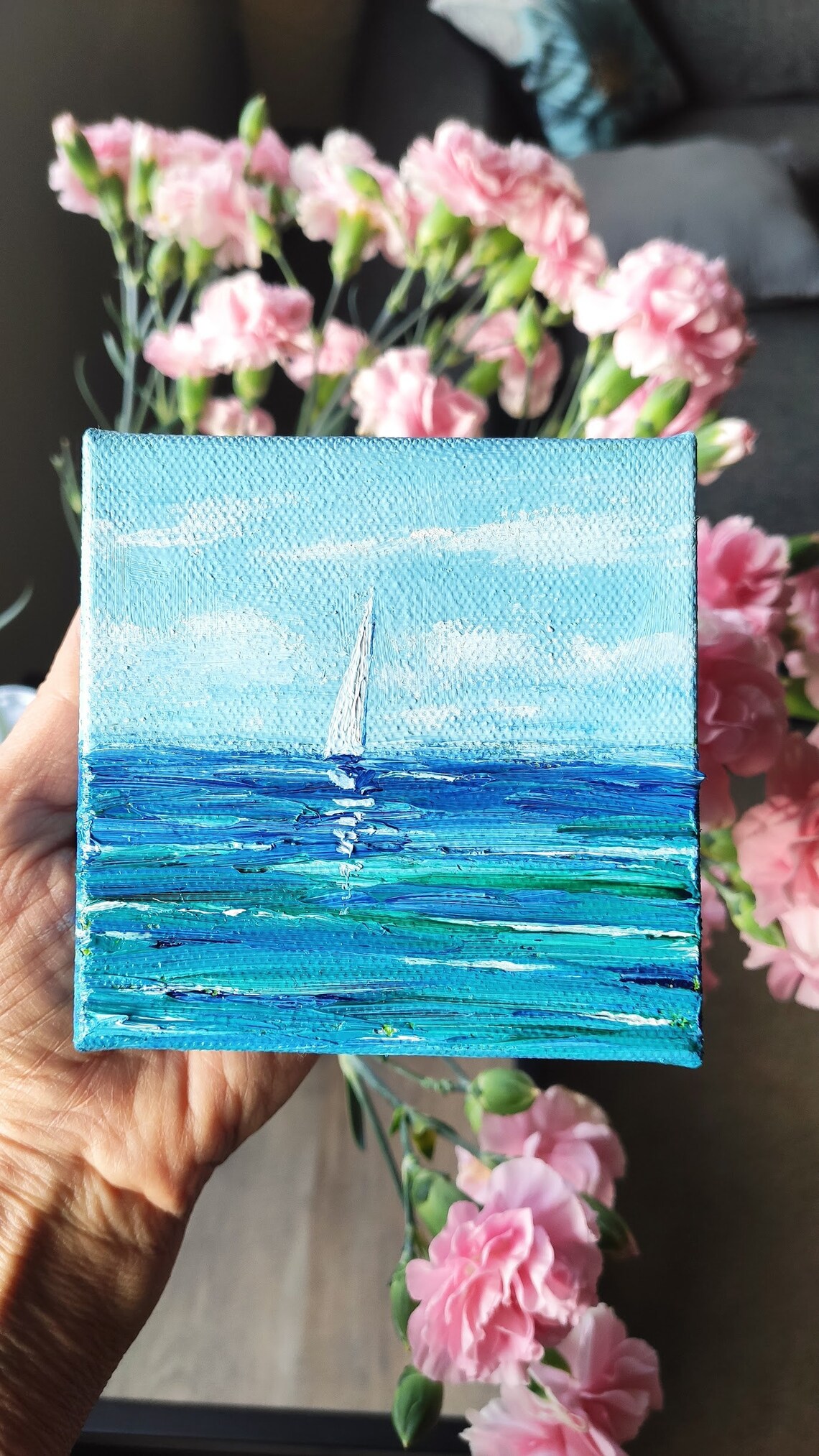 White Sailboat On Turquoise Blue Waves Under Bright Sky Nautical Poster - Image 2
