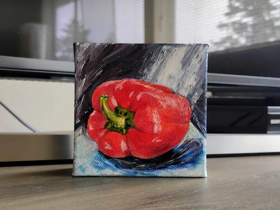 Red Bell Pepper Original Handmade Oil Painting On Kitchen Vegetables Oil Painting Tiny Food Kitchen Art One Of A Kind Gift