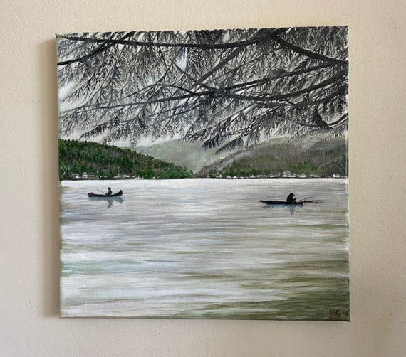 Fishing On Lake Samish Wa State Original Handmade Oil Painting On Lake Landscape Painting Fishermen On The Lake One Of A Kind