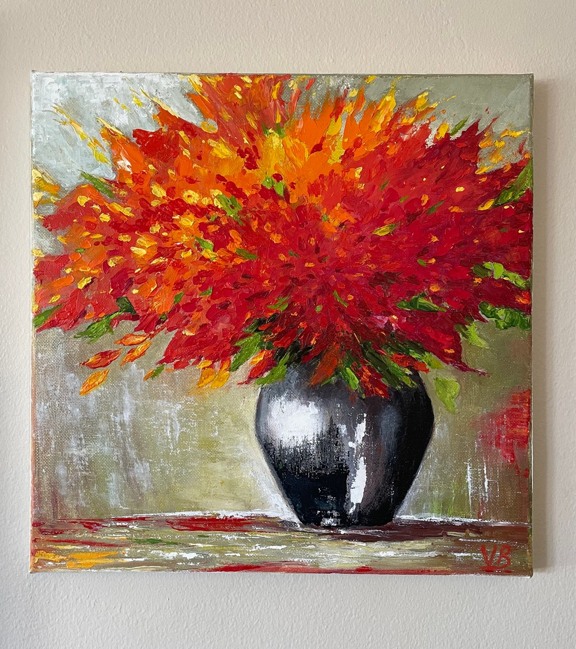 Fiery Red Orange Abstract Flowers Black Vase Modern Floral Poster
