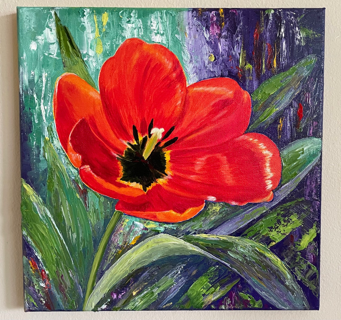 Red Orange Tulip Blossom Garden Bold Floral Oil Painting Wall Art - Image 3
