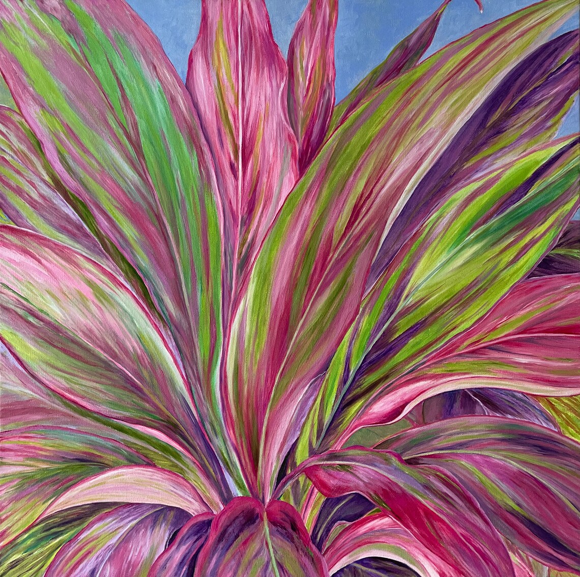 Pink Green Tropical Ti Plant Leaves Botanical Oil Painting Wall Art - Image 4