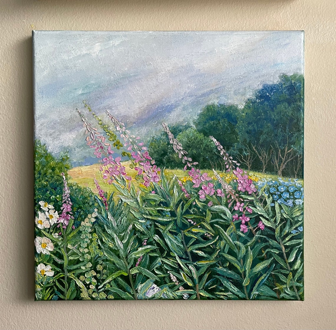 Pink Fireweed Meadow Blue Sky Summer Floral Landscape Painting Art - Image 4