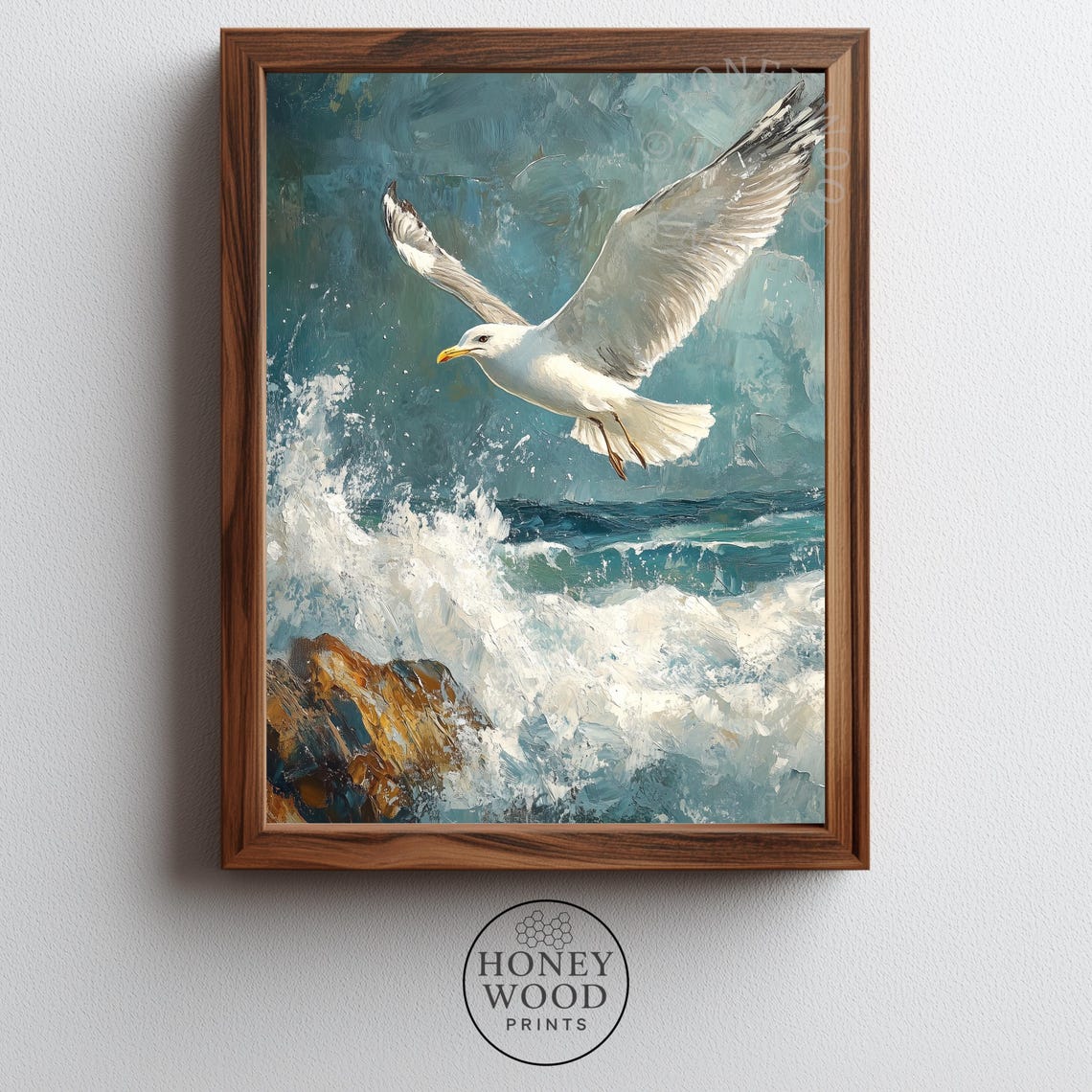 Seagull In Flight Over Ocean Waves Moody Coastal Painting Poster