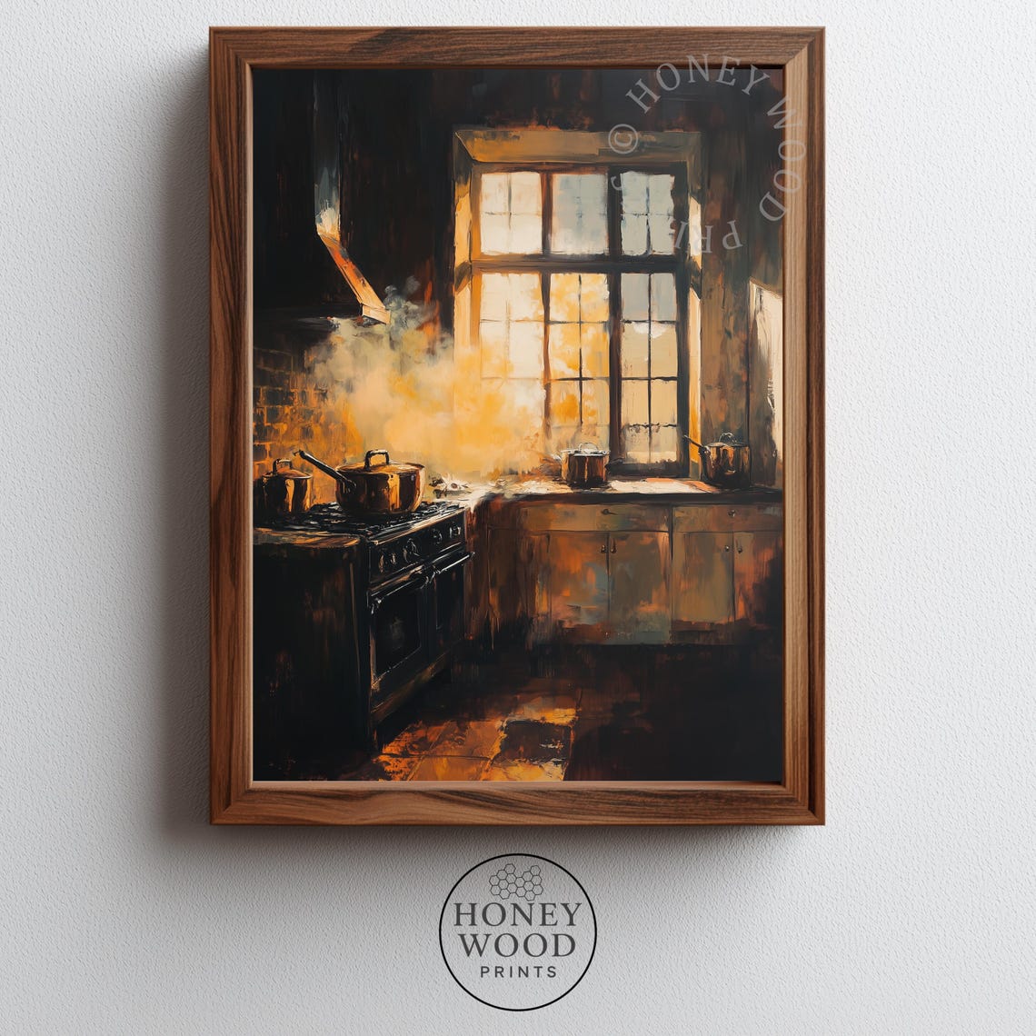 Rustic Vintage Kitchen At Sunset Moody Oil Painting Style Poster