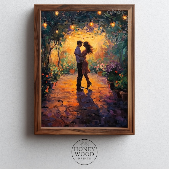 Couple Dancing By String Lights Romantic Night Scene Moody Garden Painting Cozy Impressionistic Wall Art Decor 293
