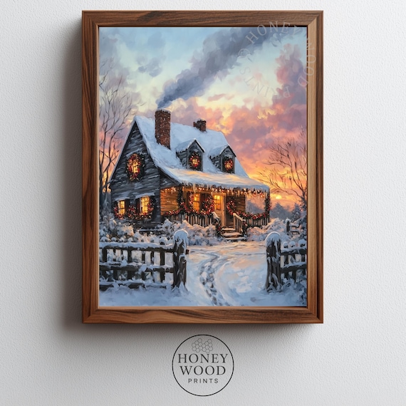 Rustic Snowy Christmas Cabin Sunset Cozy Farmhouse Holiday Wall Art