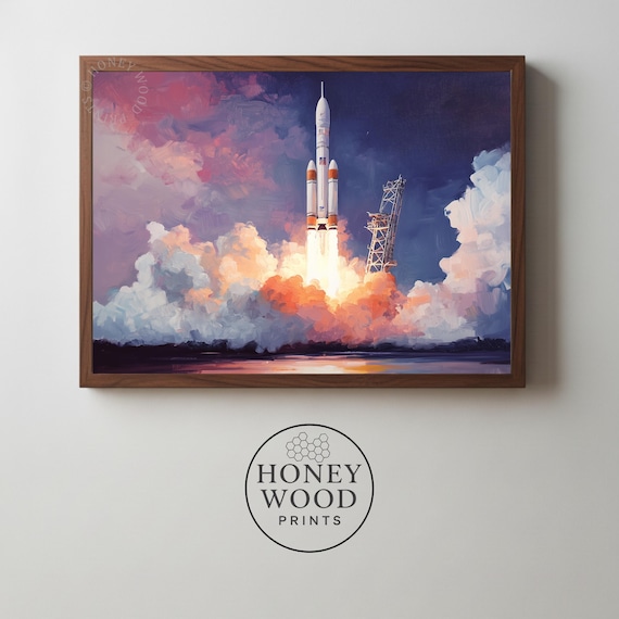 Retrofuturistic Rocket Launch Moody Vintage Space Art Cinematic Twilight Scene Dramatic Wall 90