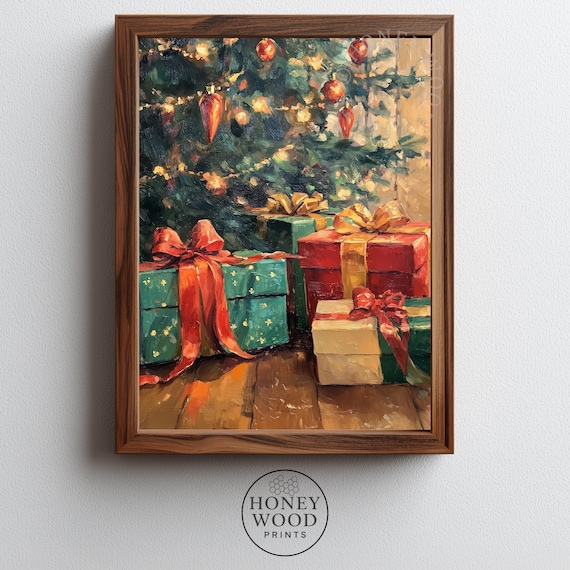 Vintage Wrapped Christmas Gifts Under Tree Cozy Oil Painting Print