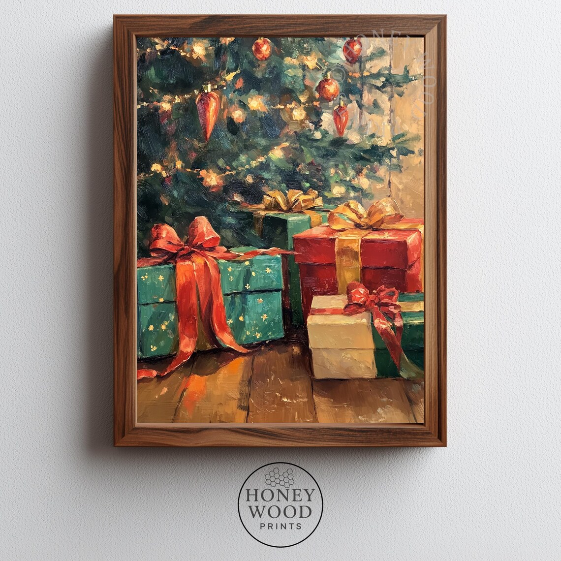 Vintage Wrapped Christmas Gifts Under Tree Cozy Oil Painting Print