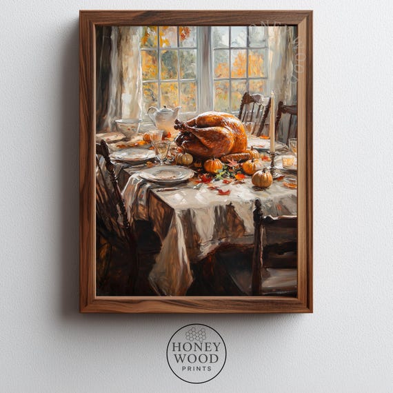 Rustic Thanksgiving Dinner With Roasted Turkey Autumn Painting Poster