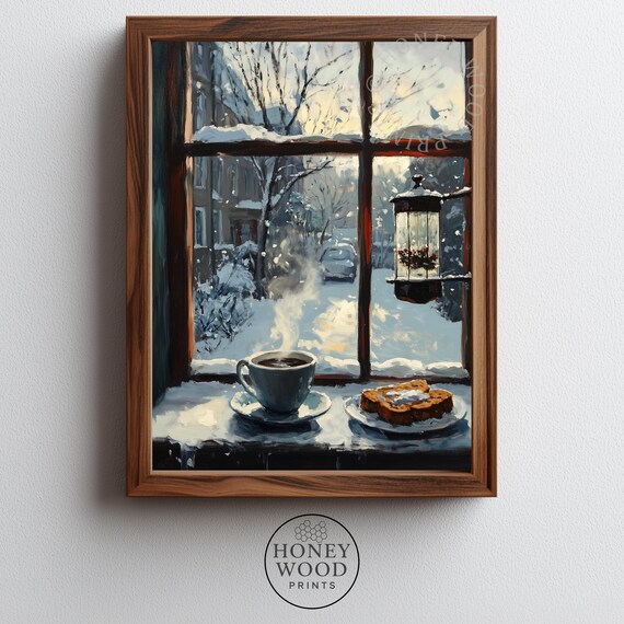 Cozy Christmas Morning Coffee by Snowy Window Winter Kitchen Art Poster