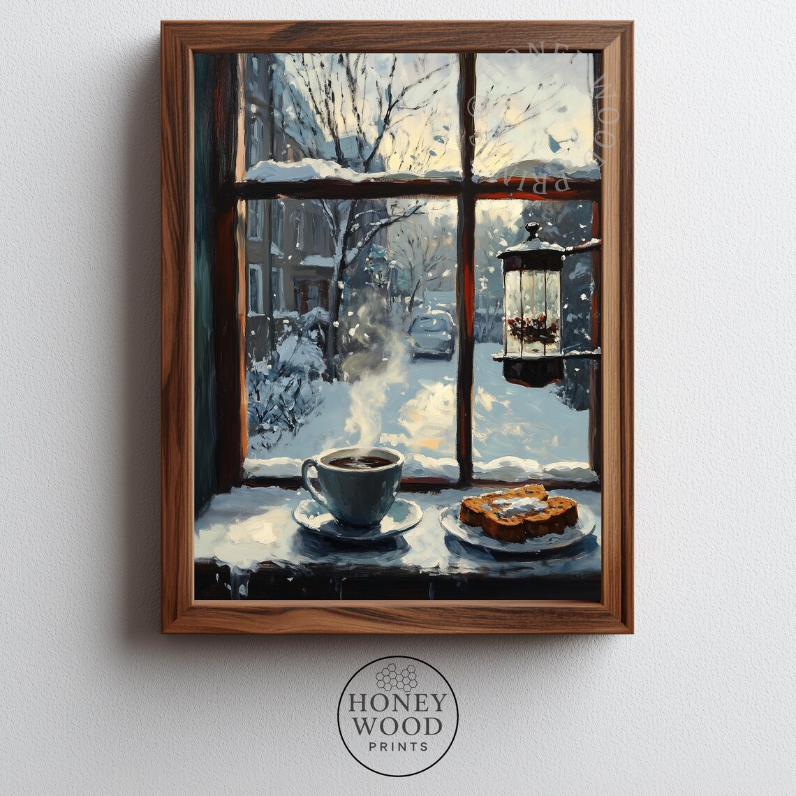 Cozy Christmas Morning Coffee by Snowy Window Winter Kitchen Art Poster