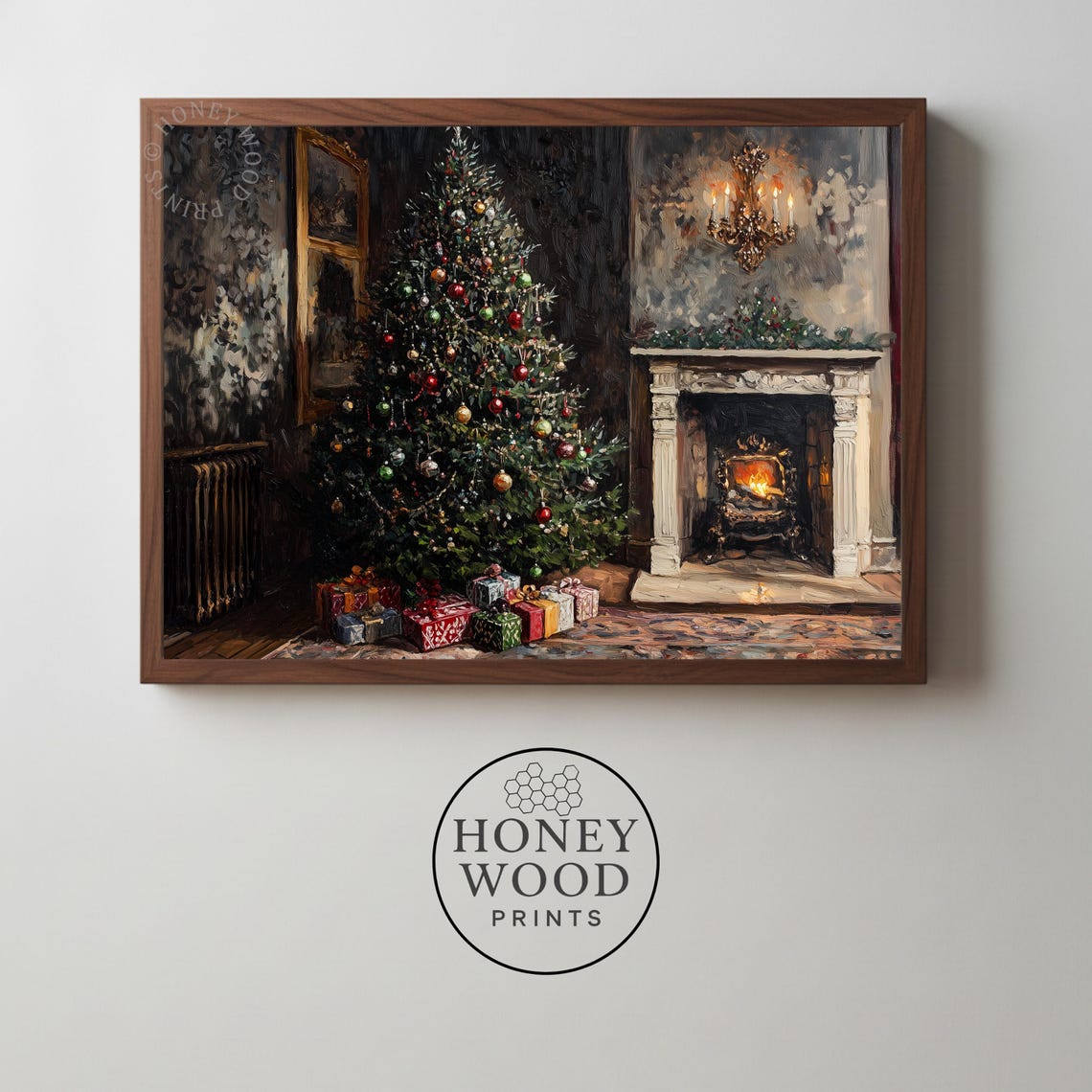 Vintage Christmas Tree by Fireplace Cozy Holiday Painting Poster
