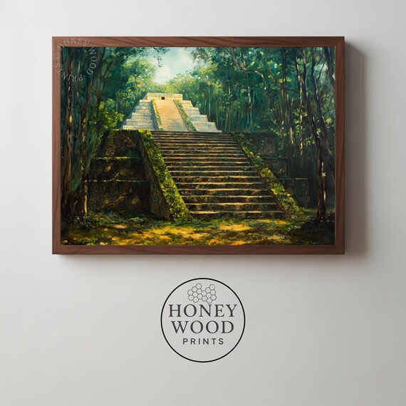 Chichen Itza El Castillo Pyramid Jungle Ruins Moody Oil Painting Poster