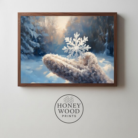 Delicate Snowflake in Knit Mitten Snowy Winter Forest Wall Art
