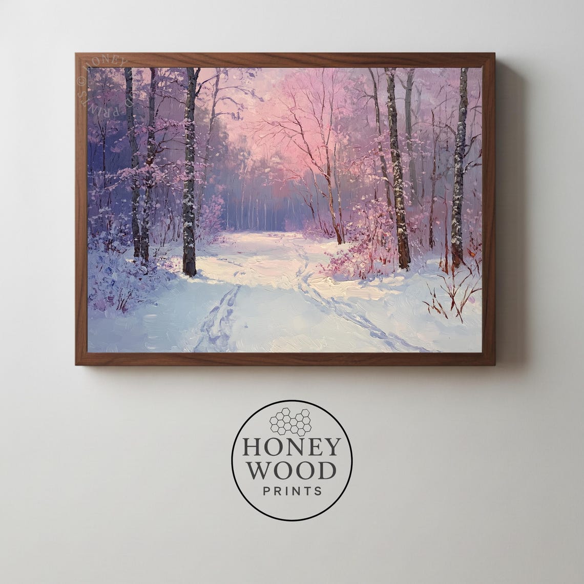 Moody Snowy Forest Clearing At Dawn Serene Pink Winter Print