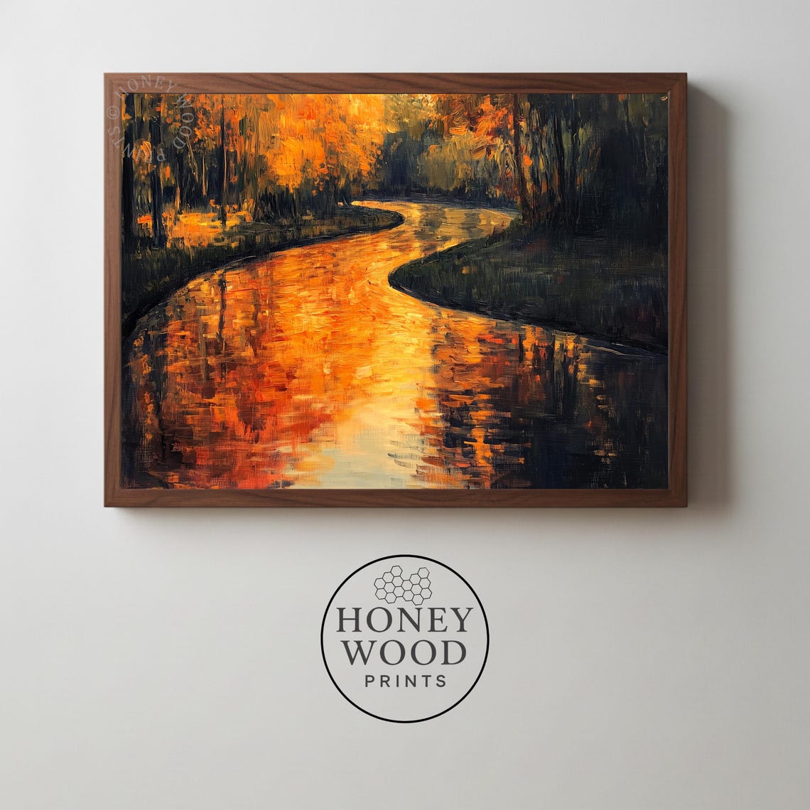 Winding River At Sunset Golden Reflections Forest Oil Painting Wall Art
