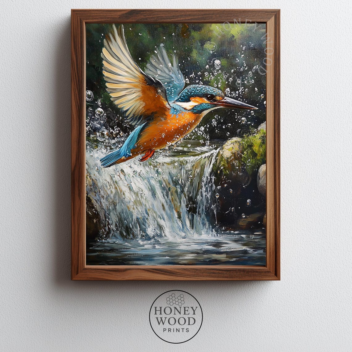 Kingfisher Mid Dive Waterfall Dramatic Wildlife Painting Print