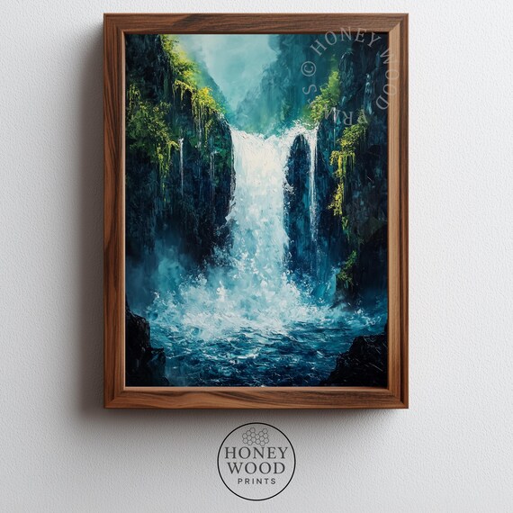 Moody Waterfall Wall Art Dramatic Lush Landscape Tranquil Nature Scene Rich Textured Painting Print 59