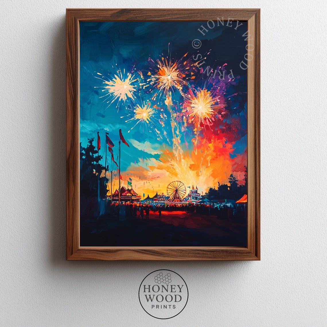 Summer Fireworks Finale Fair Ferris Wheel Night Painting Poster
