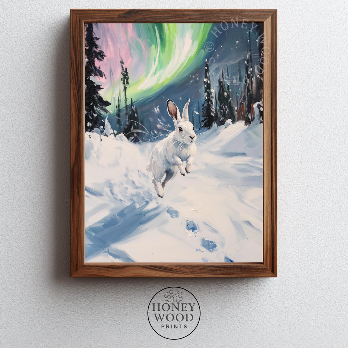 Snowshoe Hare Leaping Through Snow Under the Northern Lights Poster
