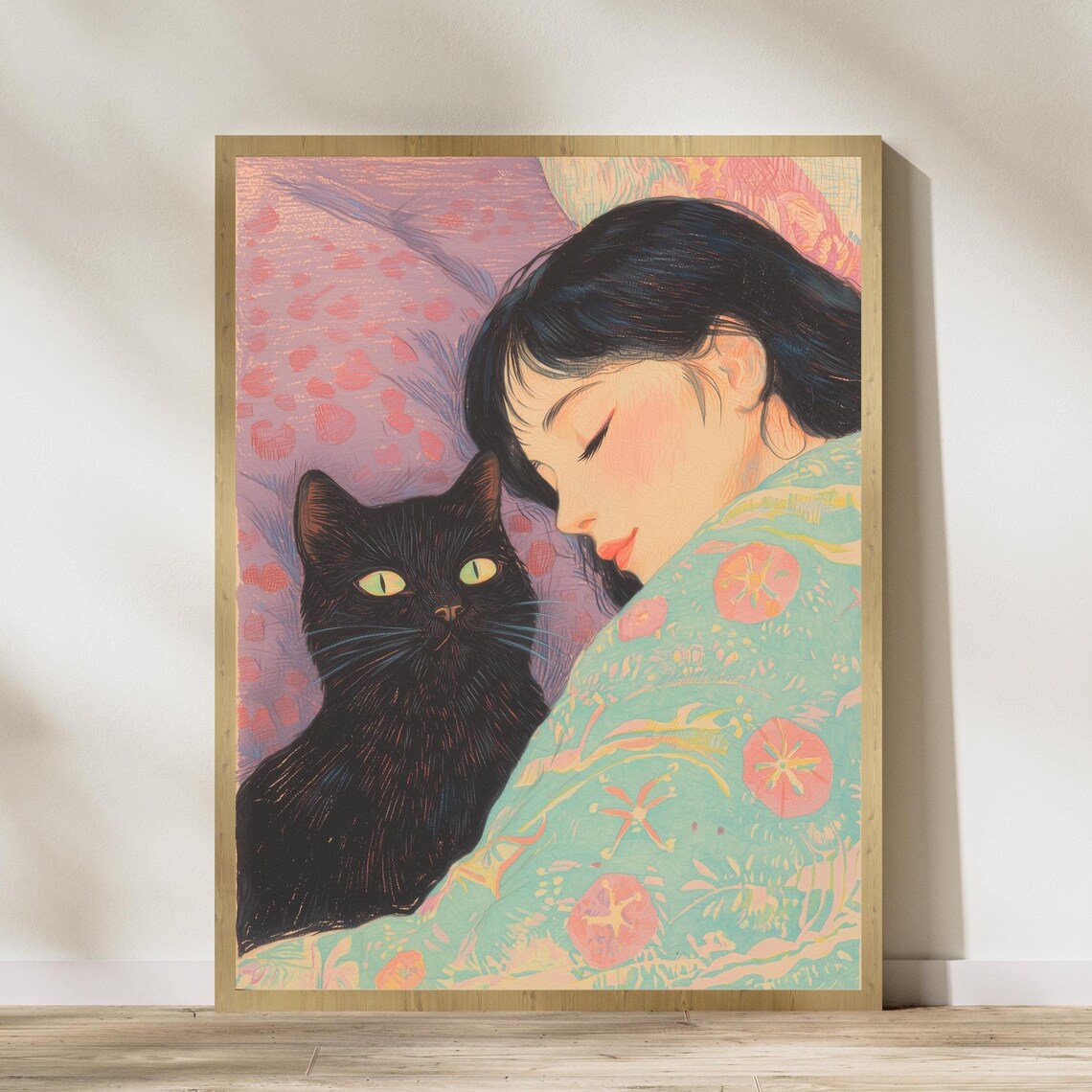 Sweet Girl Embracing Her Black Cat In Soft Pastel Dream Poster