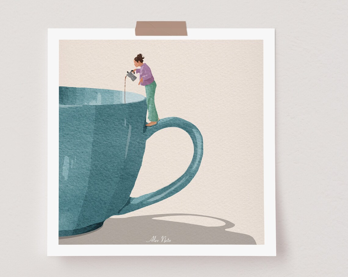 Woman Pouring Coffee Into a Giant Teal Cup in a Surreal Poster