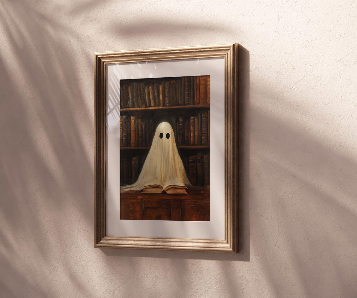 Cute Ghost Reading a Book in a Dark Library Painting Wall Art - Image 5