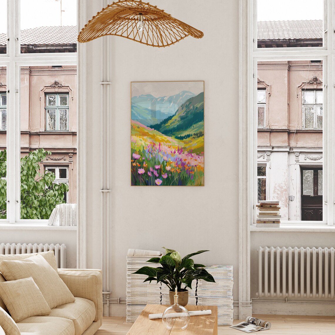 Colorful Wildflower Meadow Mountain Landscape Oil Painting Poster - Image 4