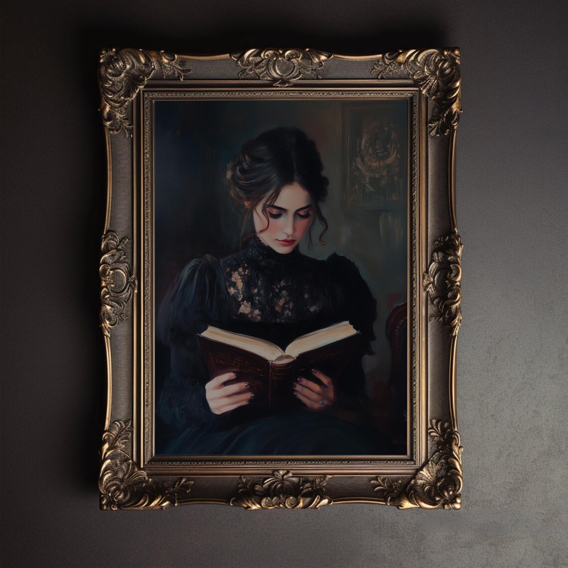 Woman Reading Book, Moody Dark Academia Art Print