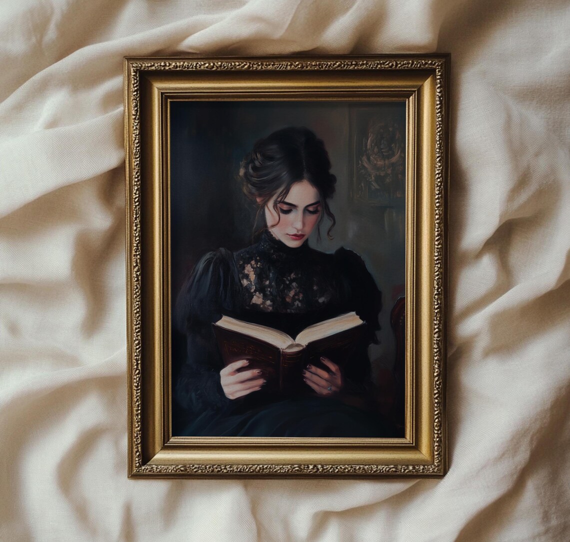 Woman Reading Book, Moody Dark Academia Art Print - Image 3