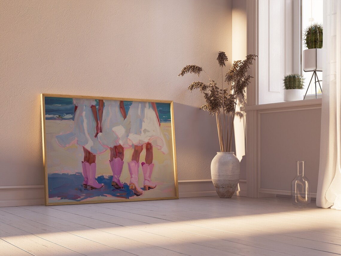 Pink Cowboy Boots Beach Girls Coastal Cowgirl Oil Painting Poster - Image 5