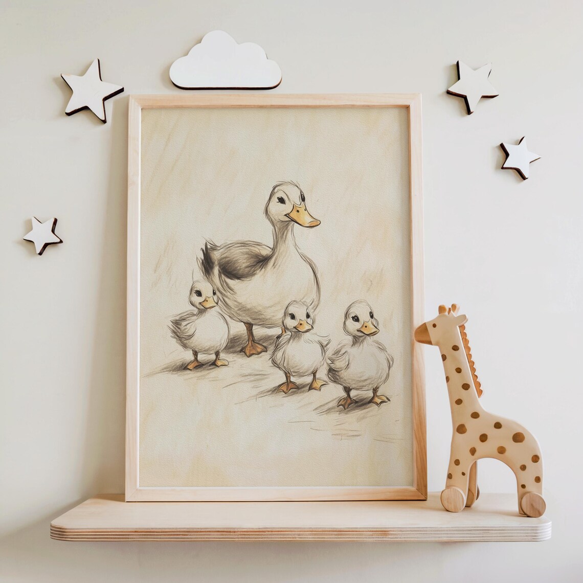 Nursery Mother Duck With Ducklings Beige Sketch Kids Room Animal Poster - Image 2