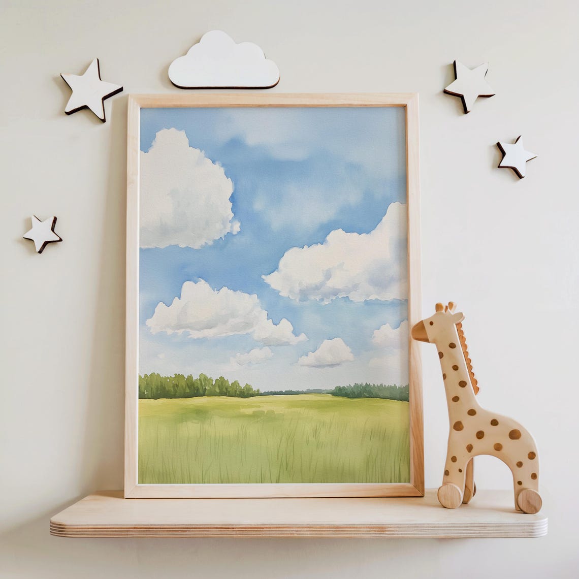 Watercolor Nursery Landscape Blue Sky Meadow Kids Room Wall Poster - Image 4