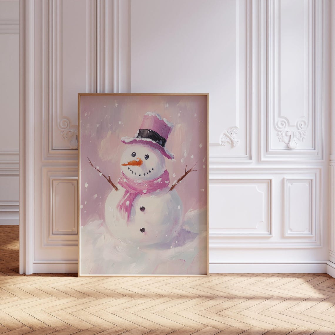 Pink Christmas Snowman Painting Cute Winter Wonderland Holiday Poster - Image 2