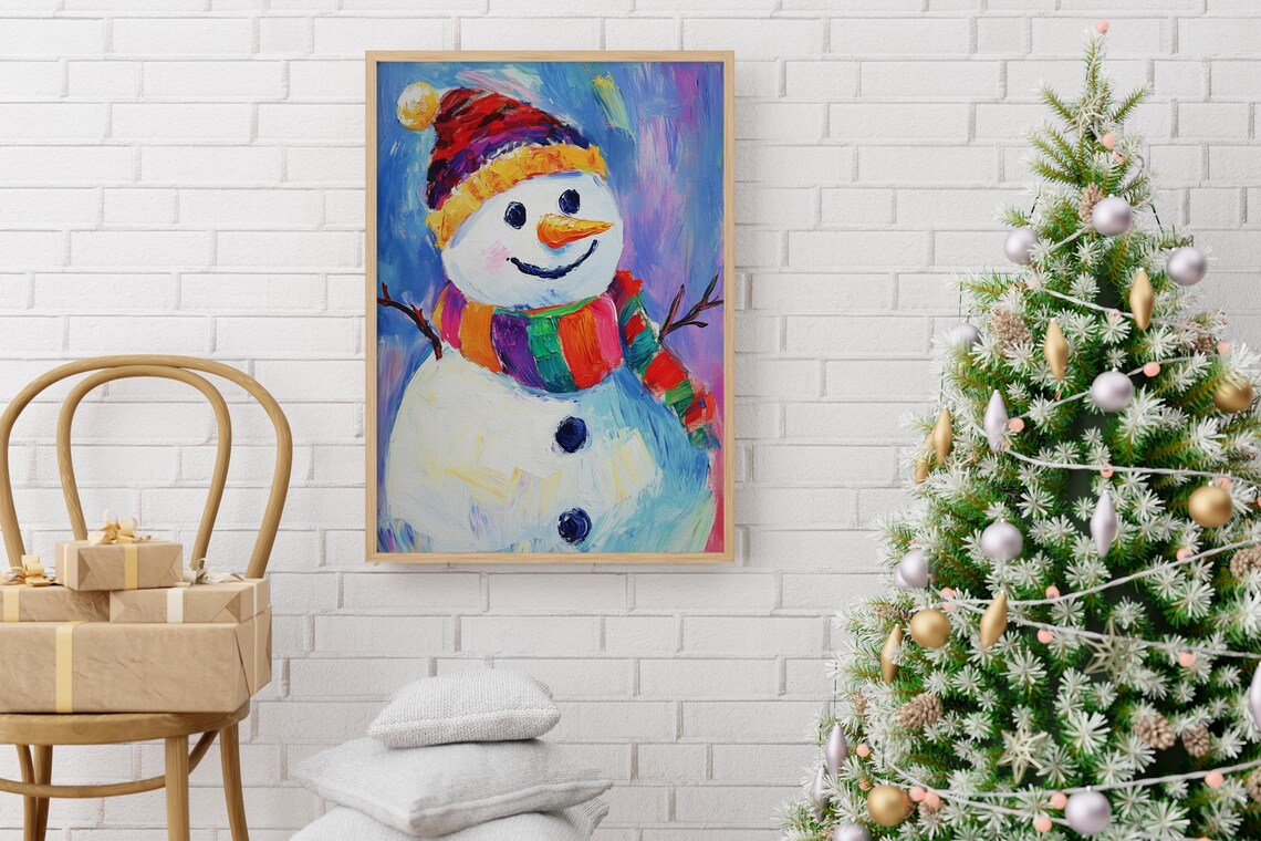 Cheerful Colorful Snowman Painting Rainbow Winter Holiday Poster