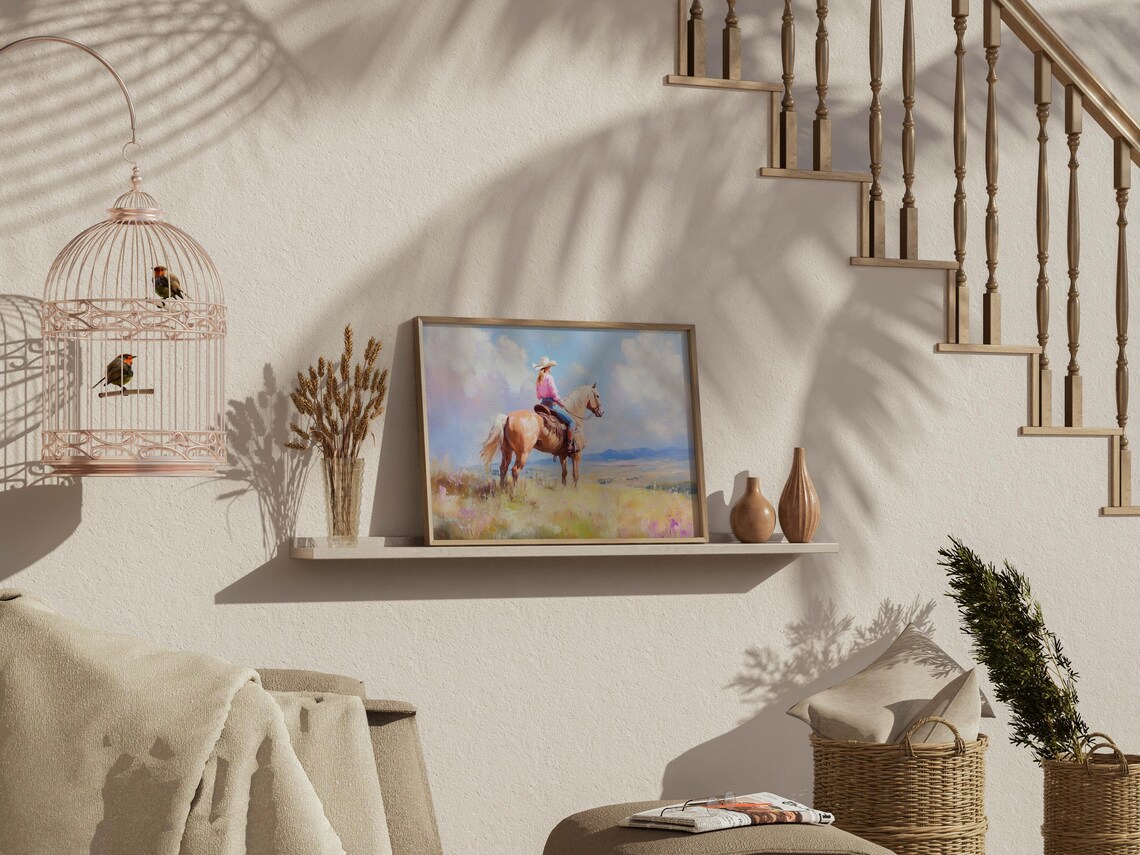 Cowgirl Riding a Palomino Horse Across a Sunny Prairie Poster - Image 2