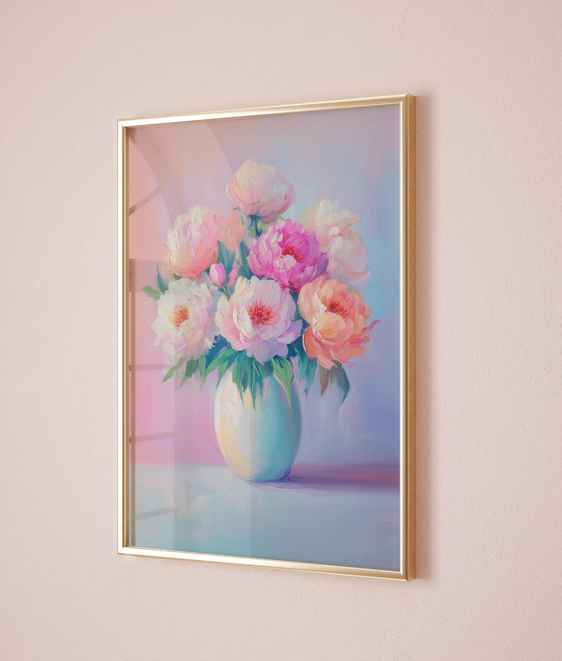 Pink and Peach Peonies in a White Vase Still Life Painting Poster - Image 5