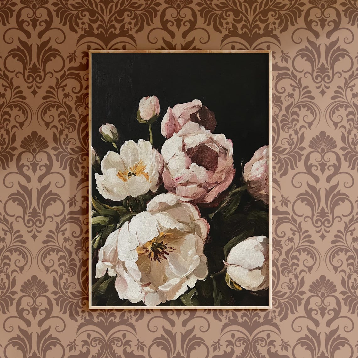 Vintage Moody Flowers Painting Print French Country Farmhouse Decor Dark Flowers Bouquet Still Life Painting Floral Wall Art